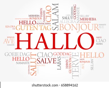 Hallo (Hello Greeting in German) word cloud in different languages of the world, background concept