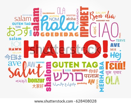 Hallo! (Hello Greeting in German) word cloud in different languages of the world, background concept
