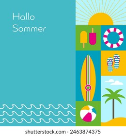 Hallo Sommer - Text auf Deutsch - Hello Summer. Sommerkarte mit Sonne, Meer, Palme, Surfbrett, Strand und Flip-Flops.