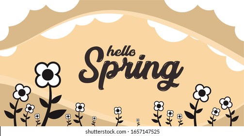 Hallo Spring Green Background With Black and white flower and cloud vector illustration