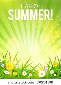 Hallo, Summer! Happy Poster with Grass, Flowers & Sunrise. Vector illustration