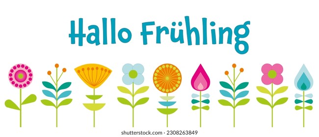 Hallo Frühling - Text auf Deutsch - Hallo Frühling. Grußbanner mit pastellfarbenen Fantasy-Blumen.