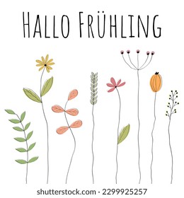 Hallo Frühling - Text in deutscher Sprache - Hallo Frühling. Grußkarte mit liebevoll gezogenen Blumen.