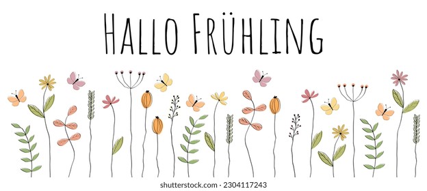  Hallo Frühling - Text in deutscher Sprache - Hallo Frühling. Grußbanner mit liebevoll gezeichneten Schmetterlingen und Blumen.