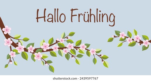 Hallo Frühling - Text in deutscher Sprache - Hello Spring. Grußkarte mit Kirschblütenzweigen.