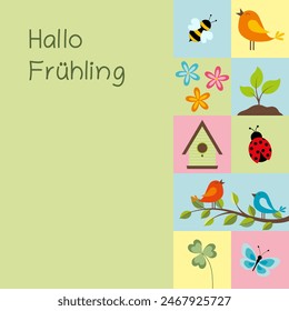 Hallo Frühling - Text in deutscher Sprache - Hello Spring. Quadratische Karte mit Federsymbolen in Pastellfarben.