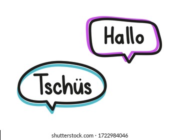 Hallo tschus. Handwritten lettering illustration. Black vector text in pink and blue neon speech bubbles. Simple outline style