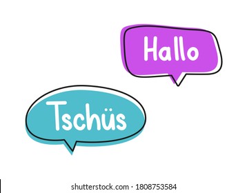 Hallo tschus. Handwritten lettering illustration. Black vector text in pink and blue neon speech bubbles. 