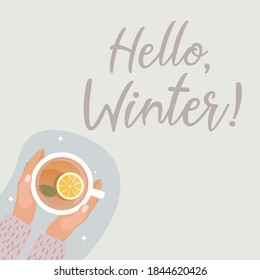 Hallo Winter Concept.Hand mit Hot Tea Cup Flach Design Vektorgrafik EPS10