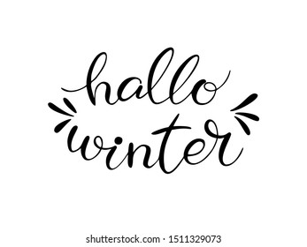 Hallo winter - hello winter on Netherlandish. Handwritten lettering with decorative elements. Vector illustration isolated on white. Unique quote for banner, posters, postcard, prints. 