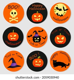 Halloeen printable labels. Vector illustration with pumpkins, bats, black cat and skull.