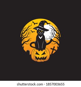 hallooween black cat wearing a witch hat above a halloween pumpkin with bats and moon in the background vector illustration