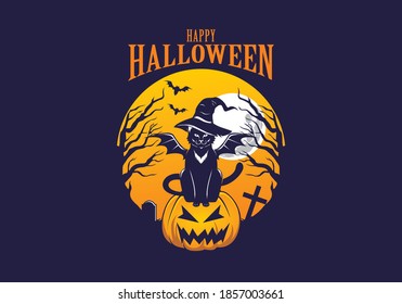 hallooween black cat wearing a witch hat above a halloween pumpkin with bats and moon in the background vector illustration