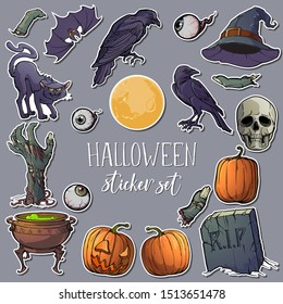 Hallooween spooky sticker set. 21 original elements isolated on white background. EPS10 vector illustration