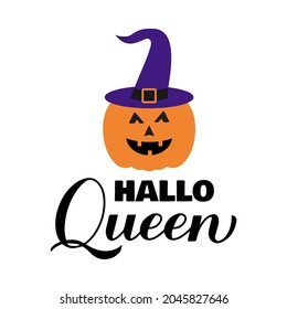 Halloqueen (Hallo queen) lettering. Funny Halloween pun quote. Cute pumpkin Jack o lantern. Vector template for typography poster, greeting card, banner, t-shirt, etc.