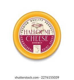 Halloumi Cheese Vintage packaging design. Dairy Food Label Template. Abstract Vector Packaging Design Layout. Modern Typography Banner with Hand Drawn Halloumi Grill Cheese Cube Isolated.