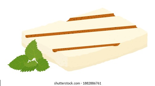 Halloumi, un icono de caricatura de queso a la parrilla y menta. Ejemplo vectorial de la comida chipriota tradicional aislada en blanco. Pieza rectangular de Haloumi 