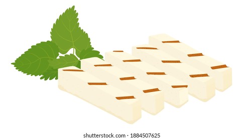 Halloumi Grilled Cheese And Mint Cartoon Icon. Vector Illustration Of Traditional Cypriot Food Isolated On White. Haloumi Sliced Rectangular Piece