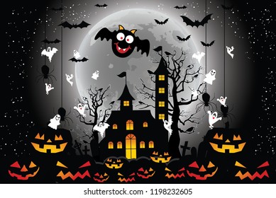 Halloveen illustration with using elements horror, pupkins, haunted house, bats, ghosts, tree, spiders on moon and night to background. Halloween concept vector