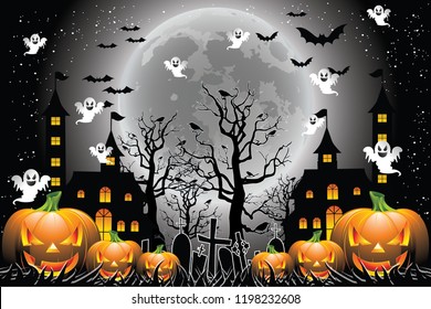 Halloveen illustration with using elements horror, pupkins, haunted house, bats, ghosts, tree, spiders on moon and night to background. Halloween concept vector