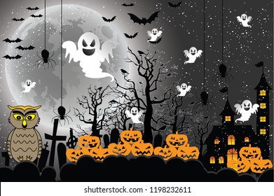 Halloveen illustration with using elements horror, pupkins, haunted house, bats, ghosts, tree, spiders on moon and night to background. Halloween concept vector