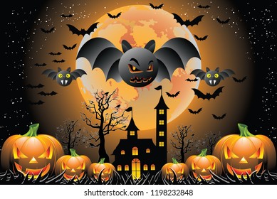 Halloveen illustration with using elements horror, pupkins, haunted house, bats, tree on moon and night to background. Halloween concept vector