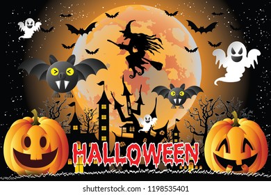 Halloveen illustration with using elements horror, pupkins, haunted house, bats, tree on moon and night to background. Halloween concept vector