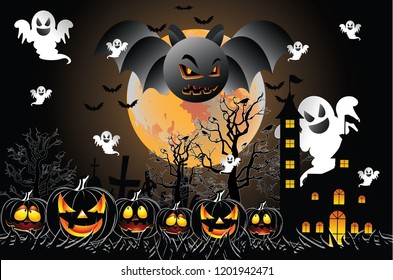 Halloveen illustration with using elements horror, pupkins, haunted house, bats, ghosts, tree, spiders on moon and night to background. Halloween concept vector