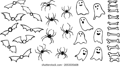 Halloweeen hand drawn sketch vector set. Ghosts, bats, spiders and bones.