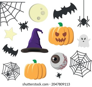 Halloweeen related spooky icon set with elements such as carved pumpkin, ghost, spider, spider web, witch hat, star, full moon etc. 