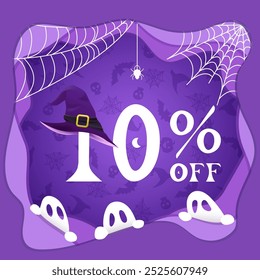 Halloween 10 % oferta, dez por cento, chapéu de bruxa, elementos de Halloween no fundo roxo, fantasmas, teias, aranhas, estilo de corte de papel