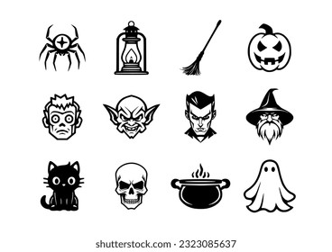 Halloween 12 elements set black outline monochrome vector illustrations