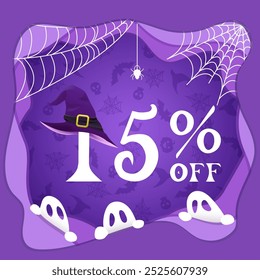 Halloween 15% offer, fifteen percent, witch hat, Halloween elements on purple background, ghosts, webs, spiders, paper cut style