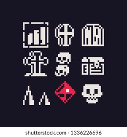 Halloween 1-bit pixel art icons set. Skull, chest, ruby, grave and coffin. Design for sticker, logo, web, app, badges and patches. Isolated vector.