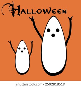 Halloween 2 ghosts  party greeting card with cute ghost. Holidays cartoon character. Trick or treat. Halloween funny cartoon.