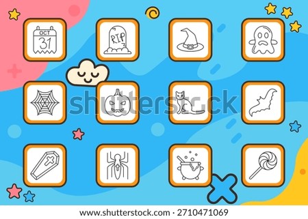 Halloween 2 set icon. Calendar, gravestone, witch hat, ghost, spider web, jack-o-lantern, cat, bat, coffin, spider, cauldron, lollipop. Spooky, costume, horror, night.