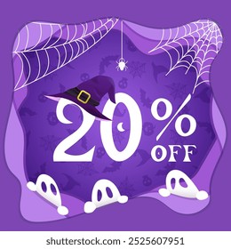 Halloween 20 % oferta, vinte por cento, chapéu de bruxa, elementos de Halloween no fundo roxo, fantasmas, teias, aranhas, estilo de corte de papel