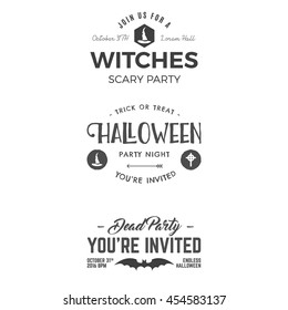 Halloween 2016 party invitation label templates with scary symbols - witch hat, bat and typography elements. Use for party posters, flyers, invitations, t-shirt, tee design, apparel. Vector.