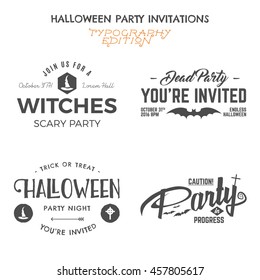 Halloween 2016 party invitation label templates with holiday symbols - witch hat, bat and typography elements. Use for party posters, flyers, cards, invitations, t-shirt, tee design, apparel. Vector.