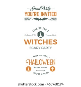 Halloween 2016 party invitation label templates with holiday symbols - witch hat, bat, typography elements. Use for party posters, flyers, cards, invitations, t shirt, tee design, apparel. Vector.