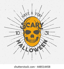 Halloween 2016 party label template with skull, sun bursts and typography elements. Vector text with retro grunge effect. Stamp for scary holiday celebration. Print on t shirt, tee and other identity.
