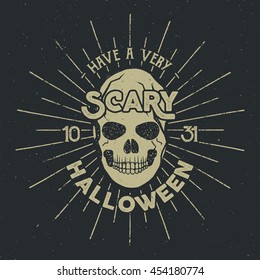 Halloween 2016 party label template with skull, sun bursts and typography elements on dark background. Vector text with retro grunge effect. Stamp for scary holiday celebration. Print on t shirt, tee.