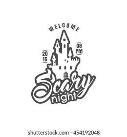 Halloween 2016 party label template with holiday symbols - halloween castle and typography elements scary night. Use for party posters, flyers, invitations. On t shirt, tee and other identity.