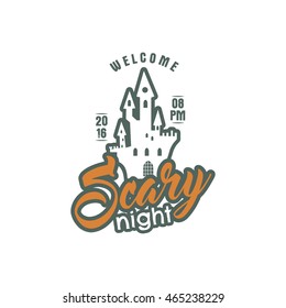 Halloween 2016 party label template with holiday symbols - halloween castle and typography elements scary nigjt. Use for party posters, flyers, invitations. On t shirt, tee and other identity. Color