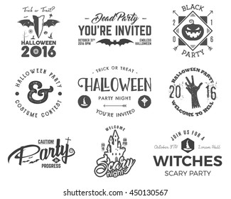 Halloween 2016 party label templates with scary symbols - zombie hand, witch hat, bat, pumpkin and typography elements. Use for party posters, flyers, invitations. On t shirt, tee and other identity.