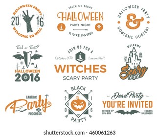 Halloween 2016 party labels templates with scary symbols - zombie hand, witch hat, bat, pumpkin, typography elements. For party posters, flyers, invitations, cards, t shirt, tee web, other identity