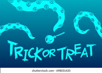 Halloween 2017 background template set, kraken monster tentacles with lollipops candy concept design and trick or treat text illustration isolated on dark blue background, with copy space