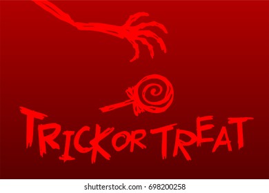 Halloween 2017 background template set, skeleton monster hand with lollipops candy concept design and trick or treat text illustration isolated on dark blue background, with copy space
