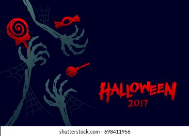 Halloween 2017 background template set, skeleton monster hand with candy concept design and halloween 2017 text illustration isolated on dark blue background, with copy space