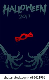 Halloween 2017 background template set, skeleton monster hand with toffee candy concept design and halloween 2017 text illustration isolated on dark blue background, with copy space